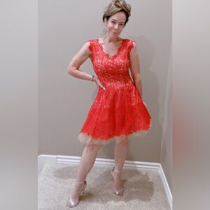 NHA KHANH Red Lace Fit and Flare Dress